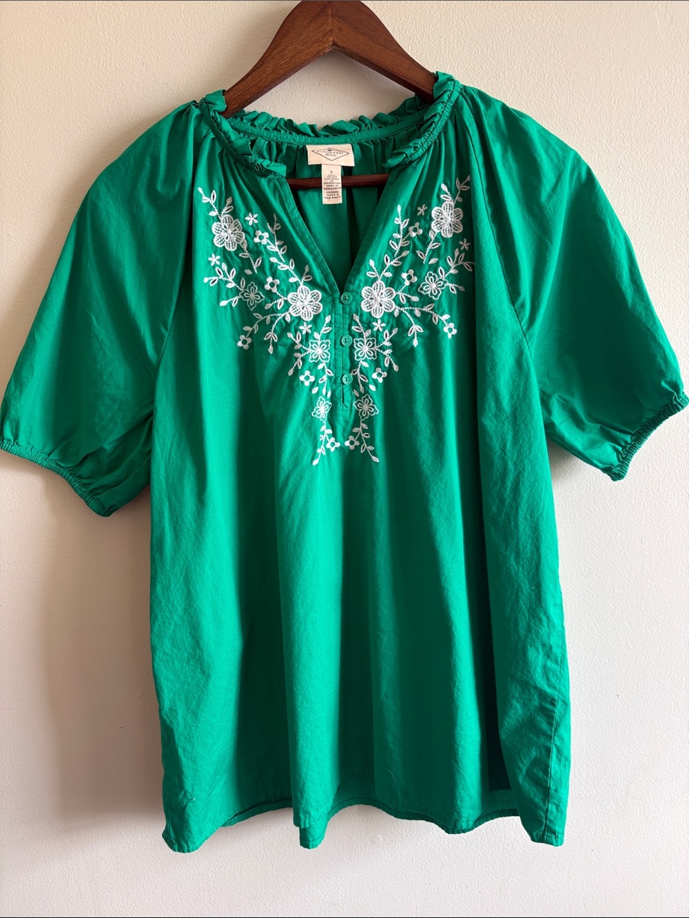 St. John’s Bay Green Embroidered Peasant Blouse Large Cotton Boho Top Large